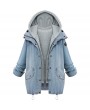Fashion Women Two Piece Set Denim Jacket Hooded Vest Oversized Casual Coat Outerwear Light Blue