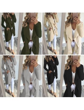 Women Coat Solid Open Front Waterfall Drape Pockets Ribbed Sleeves Casual Warm Outerwear Overcoat