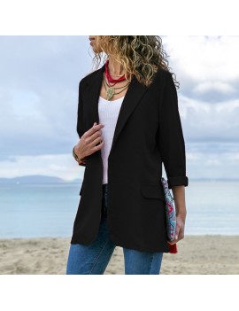 Women Solid Blazer Notched Lapel Collar Open Front Long Sleeves Office Casual Business Suit Thin Overcoat Outwear