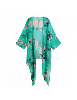 New Women Chiffon Kimono Floral Print Asymmetric Hem Loose Cardigan Blouse Outerwear Beachwear Bikini Cover Up Green