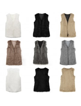 Fashion Elegance Women Warm Faux Fur Shaggy Vest Sleeveless Waistcoat Long Jacket Coat Outwear