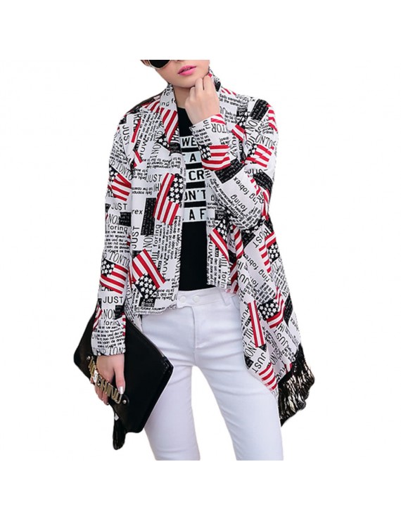 New Fashion Women Thin Cardigan Print Open Front Tassel Fringed Long Sleeve Thin Cape Coat Outerwear