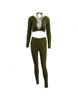 New Sexy Women Two-Piece Set Crop Top Plunging V-Neck Bandage Cutout High Waist Long Pants Stretchy Clubwear
