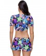 Women Two Piece Swimwear Mixed Floral Leaves Print Padded Wirless Short Sleeve Low Waist Boxers Swimsuit Set