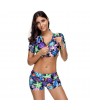 Women Two Piece Swimwear Mixed Floral Leaves Print Padded Wirless Short Sleeve Low Waist Boxers Swimsuit Set