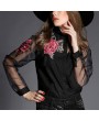 New Vintage Women Applique Blouse Floral Button Down Organza Splicing Long Sleeves Shirt Black/White