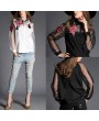 New Vintage Women Applique Blouse Floral Button Down Organza Splicing Long Sleeves Shirt Black/White