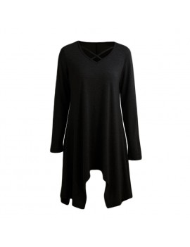 Sexy Women Asymmetric T-Shirt Criss Cross V Neck Long Sleeves Blouse Solid Loose Casual Tunic Top Black/Grey/Army Green
