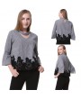 New Elegant Fashion Plaid Print Choker Neck Flare Sleeve Blouse Crochet Lace Splice Grid Tops Black