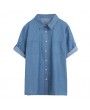 Women Denim T-Shirt Leopard Printed Turn-down Collar Button Pockets Loose Casual Summer Tee Top Blue