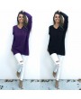 Women Autumn Winter Long Sleeves Shirt Casual Solid Top V-Neck Loose T-Shirt Pullover Top Black/Purple
