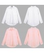New Fashion Women Loose Shirt Solid Turn-Down Collar Long Sleeve Pocket Casual Blouse Tops White/Pink