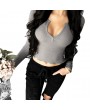 New Sexy Women Crop Top Deep V Long Sleeves Solid Color Cropped Top Tees Pullovers T-shirt