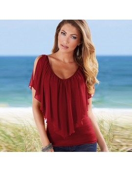 Sexy Women Blouse V Neck Cold Shoulder Ruffles Sleeveless Solid T-Shirt Vest Tank Summer Casual Tops