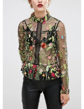 Women Mesh Shirt Floral Embroidery Transparent Sheer Top High Neck Ruffle Long Sleeve Blouse Top Green