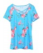 Fashion Women Floral Print T-shirt Short Sleeves Cross Straps Tees Shirts Casual Tops