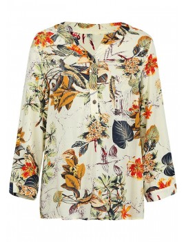 Women Blouse Colorful Floral Leaves Print V Neck Buttons Three Quarter Sleeve Loose Casual Tops