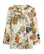 Women Blouse Colorful Floral Leaves Print V Neck Buttons Three Quarter Sleeve Loose Casual Tops