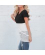 Fashion Women Color Block Striped T-Shirt Short Sleeve Casual Slim Knitted Tee Tunics Blouse Tops Black