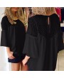 Summer Women Lace Splicing Shirt Casual Loose Solid Blouse Tie 3/4 Sleeves Round Neck Female Top White/Black