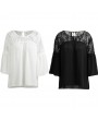 Summer Women Lace Splicing Shirt Casual Loose Solid Blouse Tie 3/4 Sleeves Round Neck Female Top White/Black