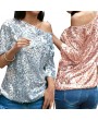 Sexy Women Loose Off Shoulder Sequin Glitter Blouses Summer Casual Shirts Vintage Streetwear Party Tops Pink/Silver