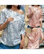 Sexy Women Loose Off Shoulder Sequin Glitter Blouses Summer Casual Shirts Vintage Streetwear Party Tops Pink/Silver