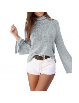 Women Long Horn Sleeve Turtleneck Sweater