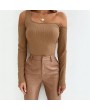 Sexy Women Ribbed Knit T-Shirt Cutout Off Shoulder Long Sleeve Autumn Winter Slim Tops Blouse Jumper