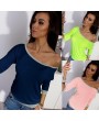 Women T-shirt One Shoulder Off Shoulder Contrast Color 3/4 Sleeve Loose Plus Size Casual Tops
