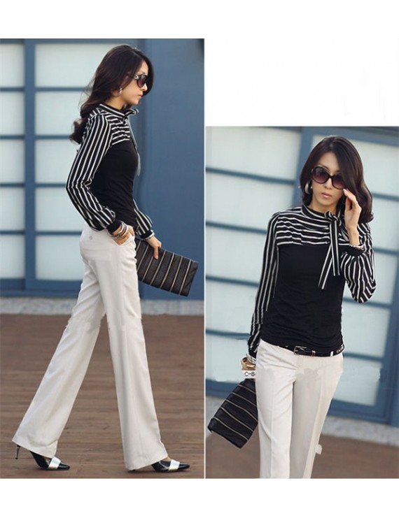 Korean Fashion Women Lady Slim T-Shirt Puff Long Sleeve Polo Neck Stripe Tops Black