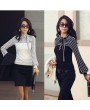 Korean Fashion Women Lady Slim T-Shirt Puff Long Sleeve Polo Neck Stripe Tops Black