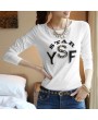 New Korean Women T-Shirt Letter Print Beading Crew Neck Long Sleeve Slim Casual Tops White