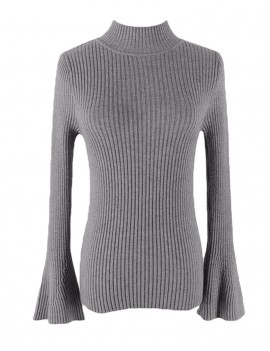 New Fashion Winter Women Ribbed Knit Sweater Flare Sleeves Stand Collar Knitted Pullover Knitwear