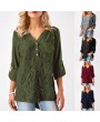 Women Chiffon Lace Shirt Blouse V Neck Roll-up Long Sleeves Buttoned Back Pocket Asymmetrical Casual Tunic Tops