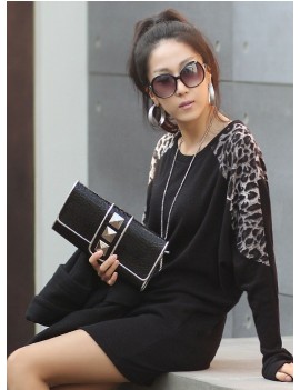 Women Ladies' Leopard Print Long Casual Loose Top Tunic Splicing T-shirt