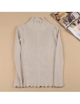 New Women Knit Sweater Pullover Jumper Turtleneck Long Sleeve Scallop Hem Rib Knitwear Tops