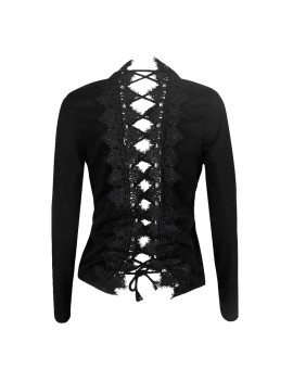 Women Knit Sweater Lace Up Backless O-Neck Long Sleeve Lace Patch Pullover Casual Tops Black/Grey