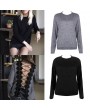 Women Knit Sweater Lace Up Backless O-Neck Long Sleeve Lace Patch Pullover Casual Tops Black/Grey