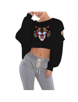 Women Crop Loose Sweatshirt Hoodies Tiger Print Long Sleeves Raw Edge Oversized Pullovers Outwear