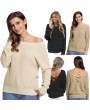 Women Knitted Loose Sweater Solid V Back Bandage Cross Over Hollow Out Long Sleeve Casual Jumper
