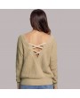 Women Knitted Loose Sweater Solid V Back Bandage Cross Over Hollow Out Long Sleeve Casual Jumper