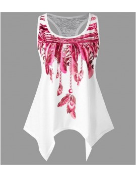 New Women Sleeveless Feather Printed Vest Tank Top O Neck Asymmetrical Tee Shirt Plus Size Summer Blouse