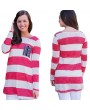 New Fashion Women T-Shirt Contrast Stripe Chest Pocket Long Sleeve Casual Comfy Blouse Tops Tee Rose