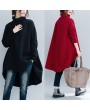 Fashion Women Hoody Solid High Neck Long Sleeve Fleece Asymmetric Loose Pullover Sweatshirts Hoodie Tops Black/Burgundy