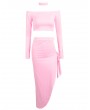 Sexy Women Off Shoulder Two Piece Set Long Sleeve Tie Side Slit Asymmetric Party Club Dress Crop Top + Skirt with Choker