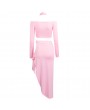 Sexy Women Off Shoulder Two Piece Set Long Sleeve Tie Side Slit Asymmetric Party Club Dress Crop Top + Skirt with Choker