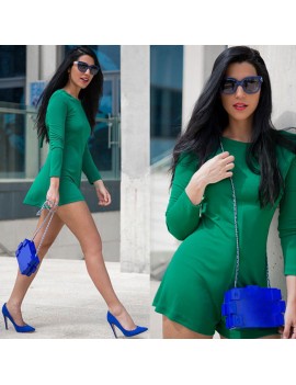Europe Women Jumpsuit Mini Dress Wide Leg Zipper Back Round Neck Long Sleeves Shorts Playsuit Nightclub Rompers Green