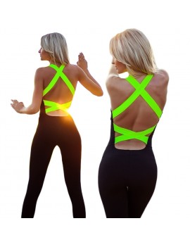 Women Sexy Backless Sports Bodysuit Tight Jumpsuit Rompers O-Neck Sleeveless Sportswear Rose/Green