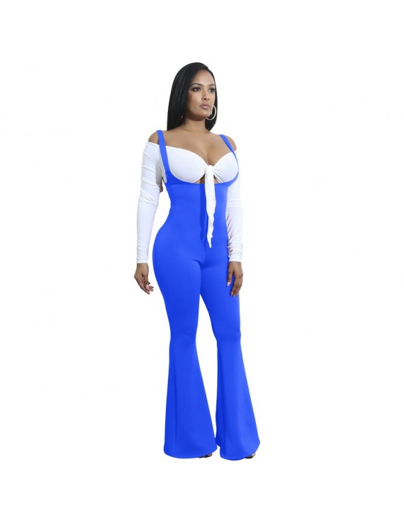 Women Jumpsuit Solid Suspender Strap Sleeveless Open Back Wide Flared Legs Bell Bottom Sexy Overalls